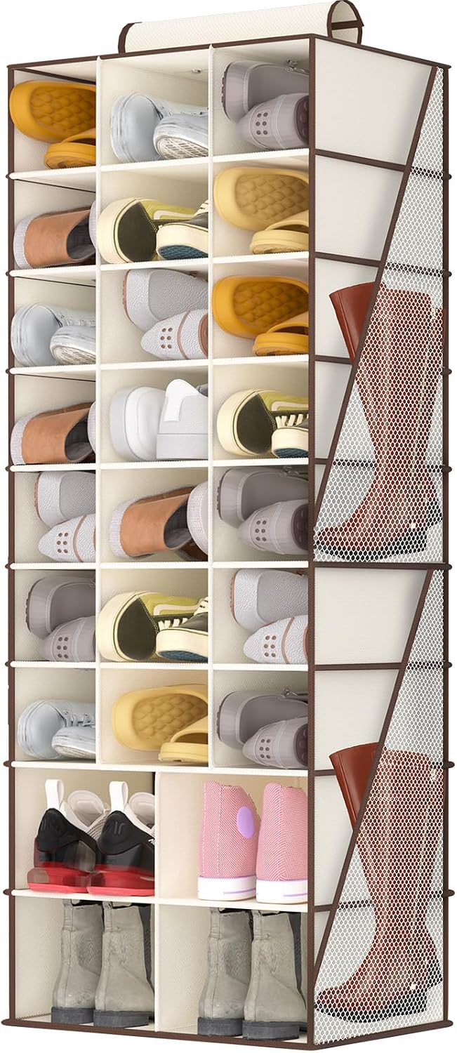 Hanging Shoe Organizer for Closet with 8 Shelves,Mesh Pockets-Wider Hanging Shelves for Shoes,Clothes,Hats with Sturdy Bamboo-Supported Design (Beige)