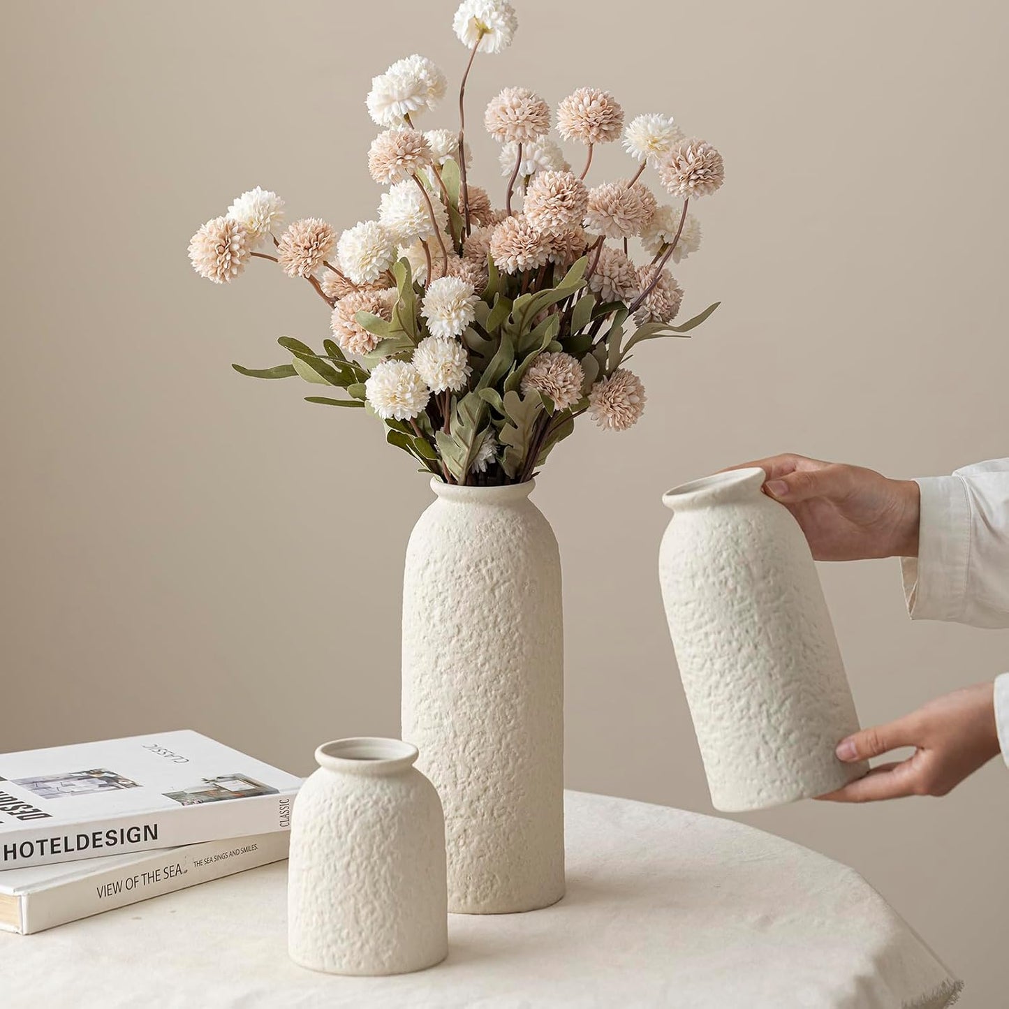 Ceramic Vase Set-3, Small Flower Vases for Decor, Modern Boho Farmhouse Style, Decorative Vases for Pampas Grass & Dried Flowers, Distressed Finish (Beige)