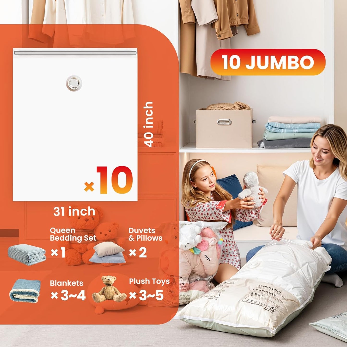TAILI 8 Pack Vacuum Storage Bags, Jumbo Size (31×40 inch), Vacuum Seal Bags for Clothing, Bulky Bedding, Comforter, Blankets, Pillows, Space Saver Packing