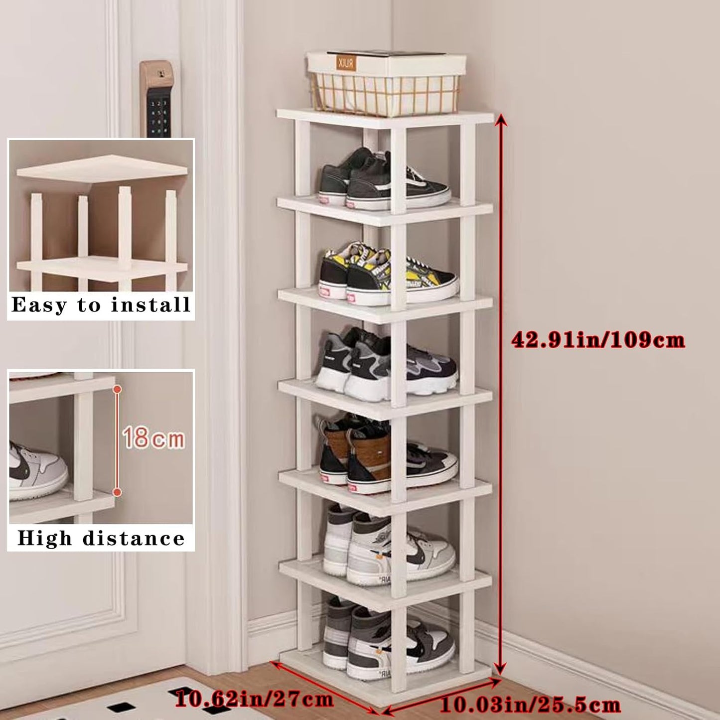 SAN HE 7-Tier Modern Bamboo Shoe Rack - Vertical, Slim, Space-Saving Shoe Organizer for Small Spaces, Closet, Entryway, Corner, Garage, Bedroom
