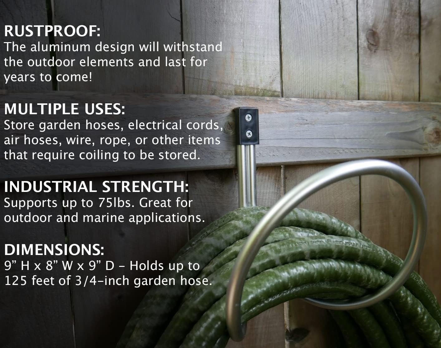 Hose Hanger Wall Mount, Holds 25 to 125 Feet of 3/4 Inch Hose, Garden Hose Hanger, Aluminum Hose Hook