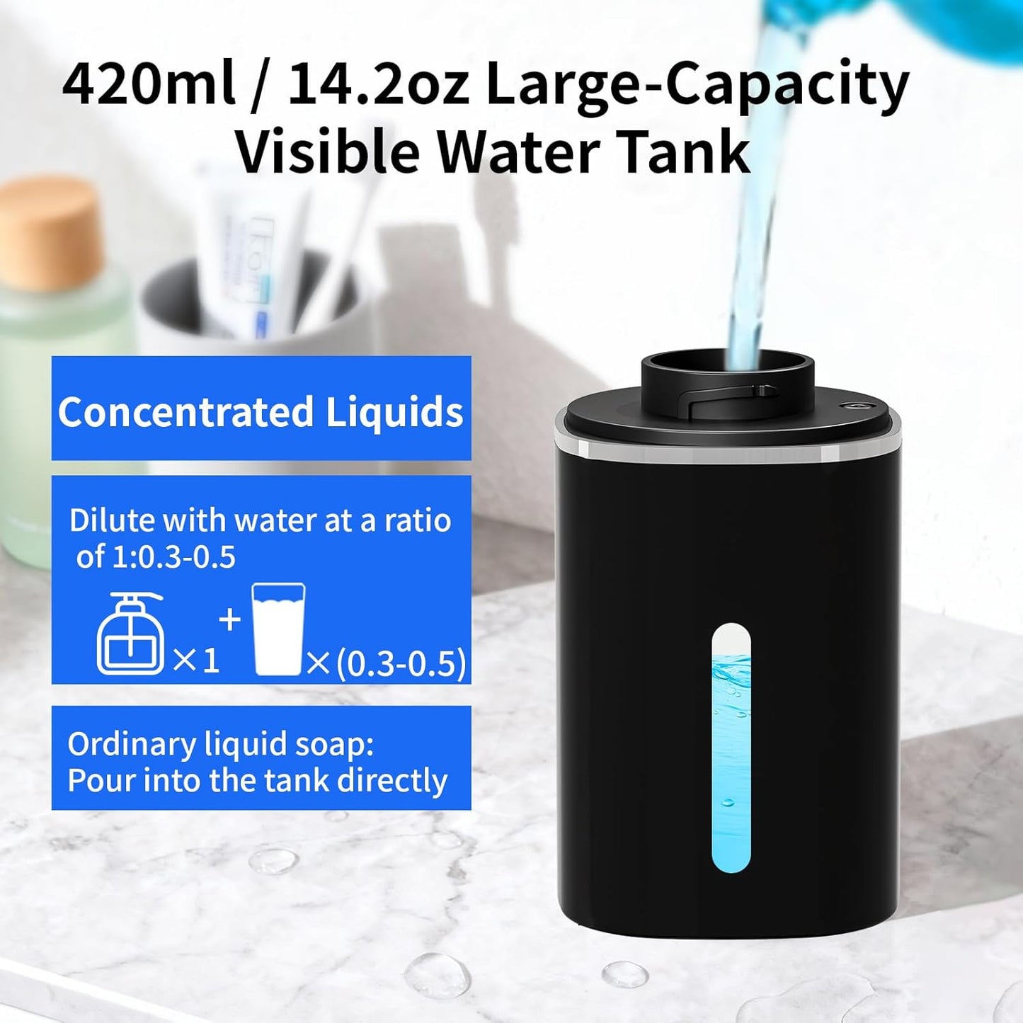 Automatic Foaming Soap Dispenser, Touchless Hand Soap Dispenser, USB Rechargeable, 4 Adjustable Levels, 14.2 oz (420 ml) Large Capacity, for Bathroom, Kitchen & School (Black, Foaming)
