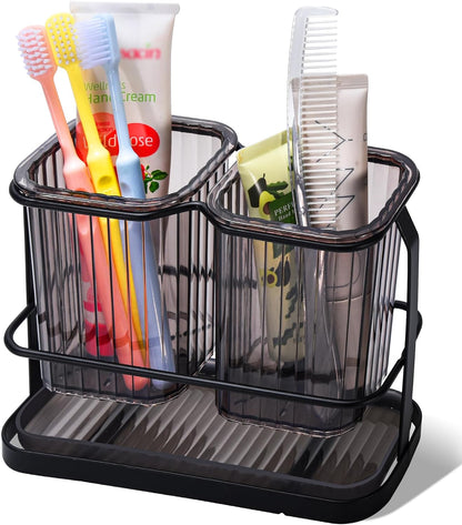 KONE Green Toothbrush Holders for Bathrooms, 2 Cups Toothbrush Holders Wall Mounted, Dry & Wet Separation, Bathroom Organizers and Storage, Bathroom Toothbrush Holder Set for Family Kids