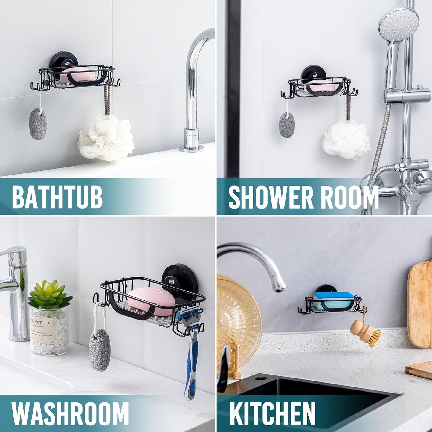 TAILI Soap Holder for Shower – Suction Cup Bar Soap Dish with Hooks, Rustproof Stainless Steel, Self-Draining Sponge Holder with Razor Holder for Bathroom & Kitchen, Black