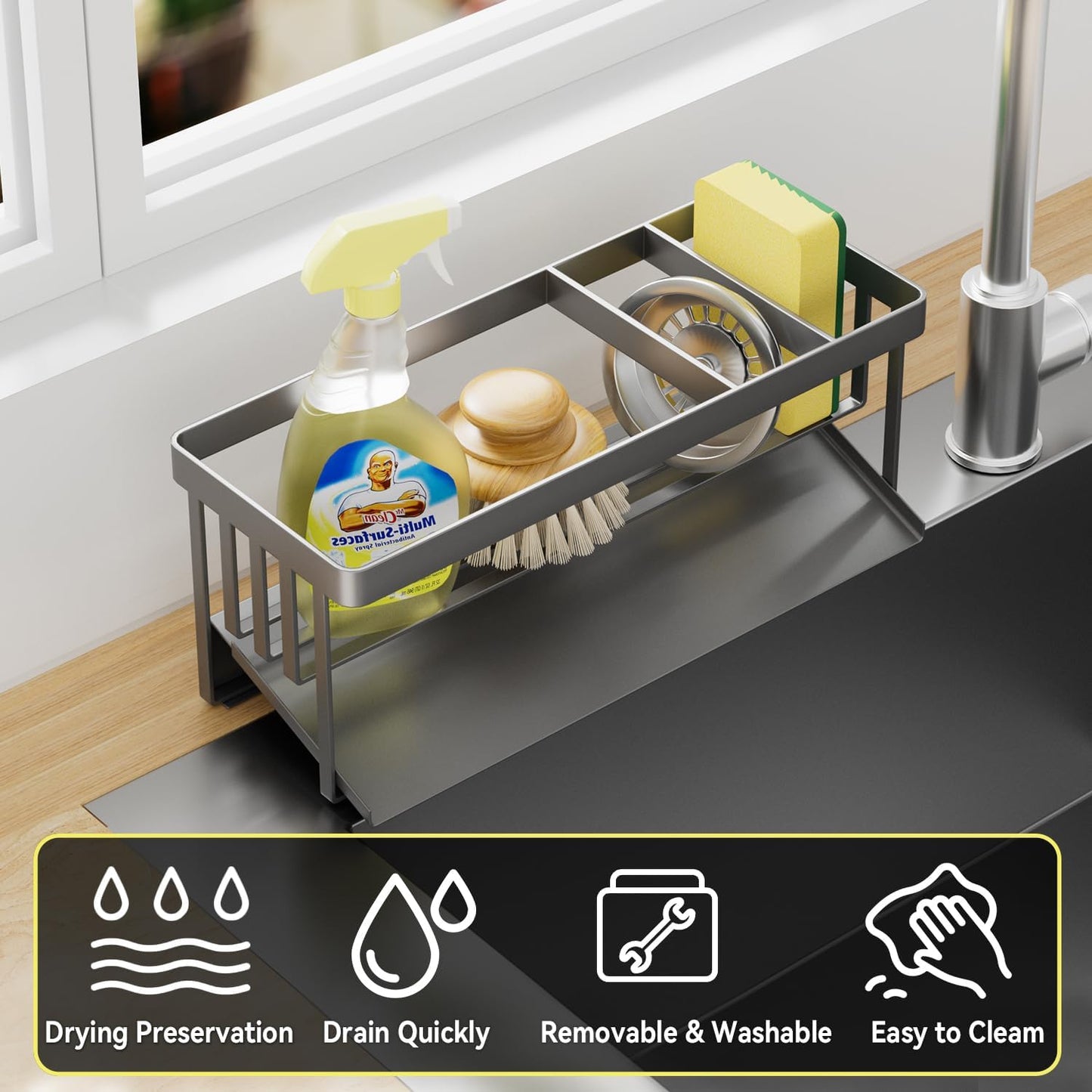 Kitchen Sink Caddy Organzier with Sponge Holder and Removable Drip Tray for Kitchen Sink, 304 Stainless Steel Organize for Sponge Soap Dish Brush Storage Accessories(Black)