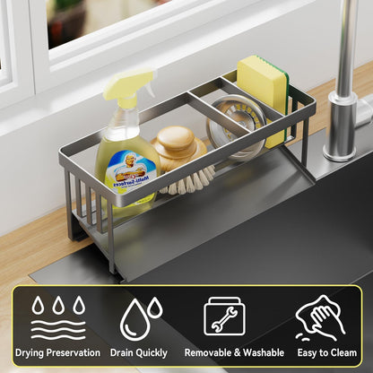 Kitchen Sink Caddy Organzier with Sponge Holder and Removable Drip Tray for Kitchen Sink, 304 Stainless Steel Organize for Sponge Soap Dish Brush Storage Accessories(Black)