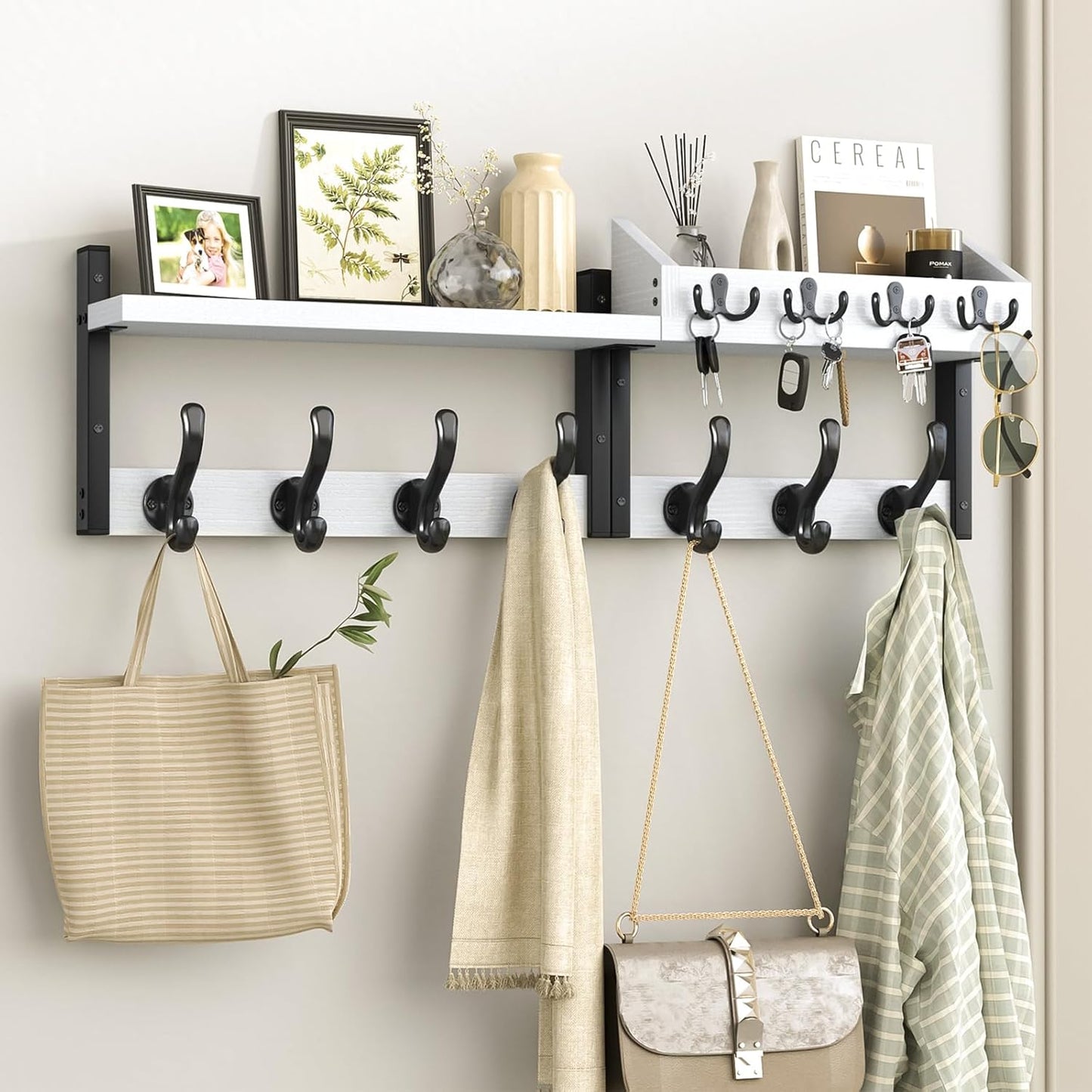 Evermagin 29" Coat Rack Wall Mount with Shelf, 4 in 1 Coat and Key Hanger with 11 Metal Hooks, Entryway Wall Mounted Shelf with Mail Holder for Living Room, Bedroom, Rustic Brown