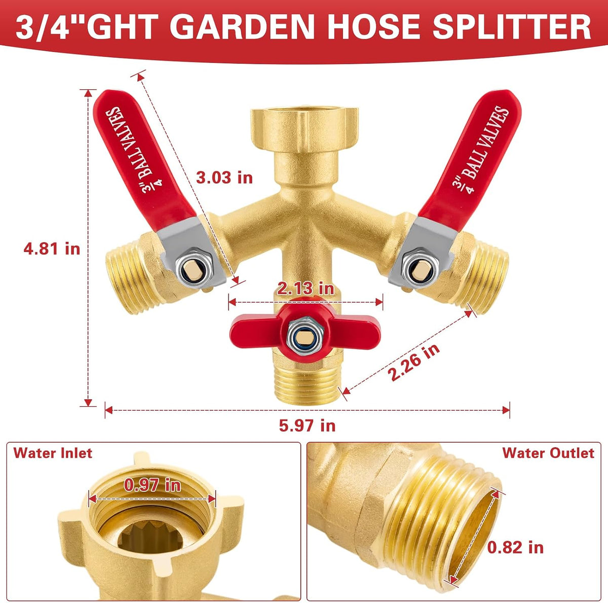 Garden Hose Splitter, 304 Stainless Steel 2 Way Hose Splitter with Long Handle, Heavy Duty Hose Y Spigot Splitter with Shutoff Valves, 3/4" GHT Thread Outdoor Faucet Splitter