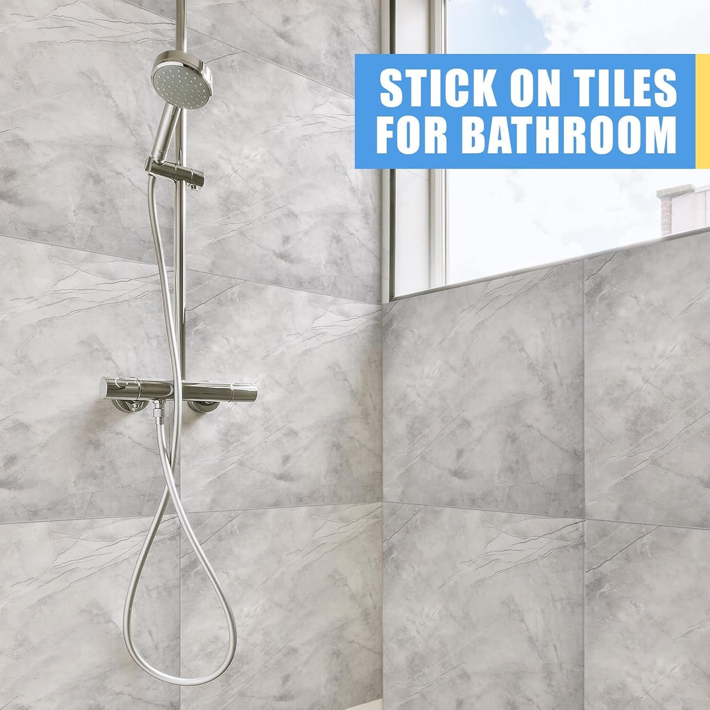 Nuanchu 36 Pcs Peel and Stick Shower Waterproof Tiles Wall Panels 12 x 12 Inch Self Adhesive Backsplash with Ruler Knife & 2 Scrapers for Washroom Bathroom Living Room, Not Real Tile (Grey Marble)