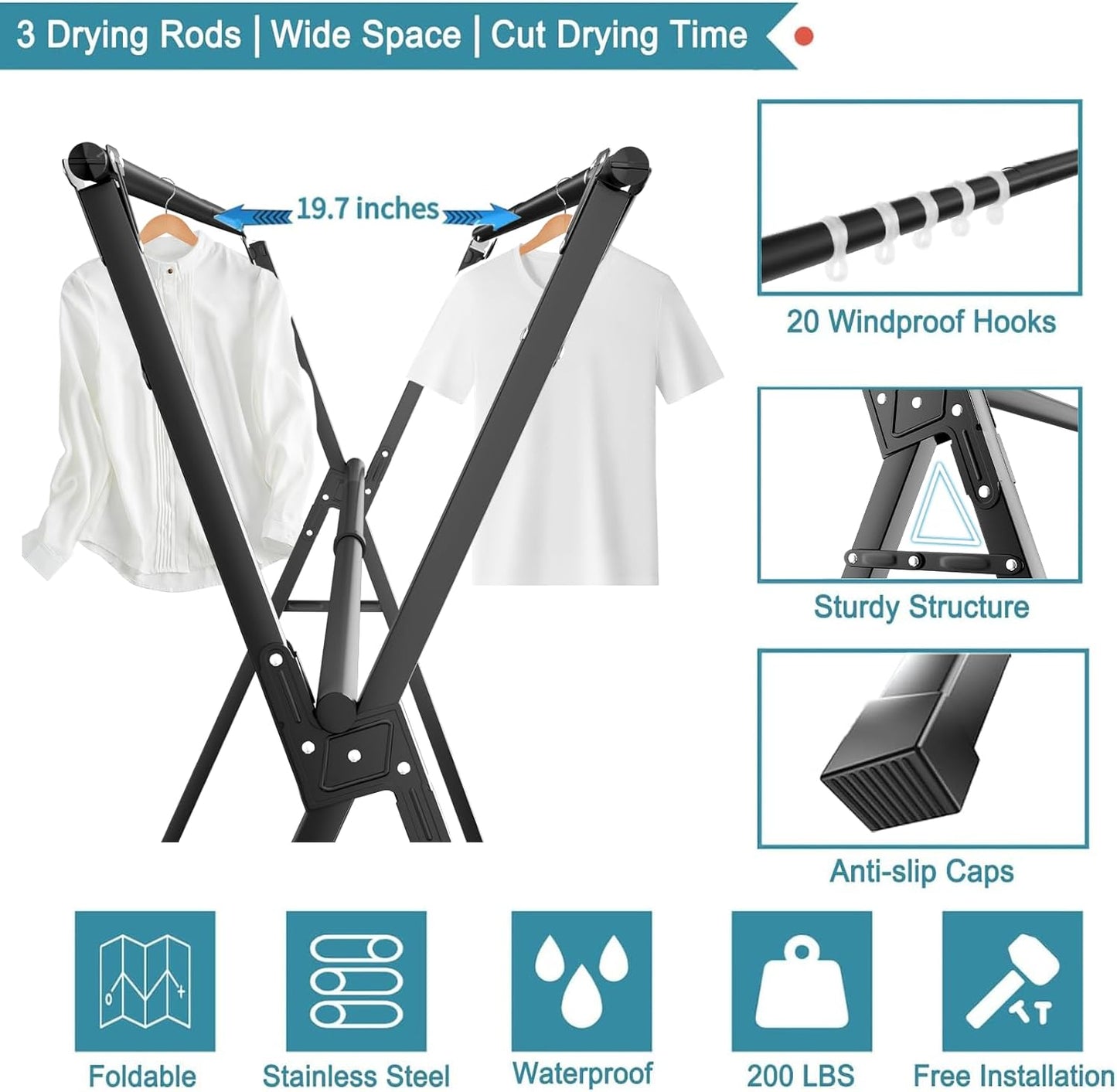 JAUREE 95 Inches Clothes Drying Rack, Drying Rack Clothing Folding Indoor Outdoor, Heavy Duty Stainless Steel Laundry Rack, Foldable Portable Large Clothes Rack Garment Rack with 20 Windproof Hooks