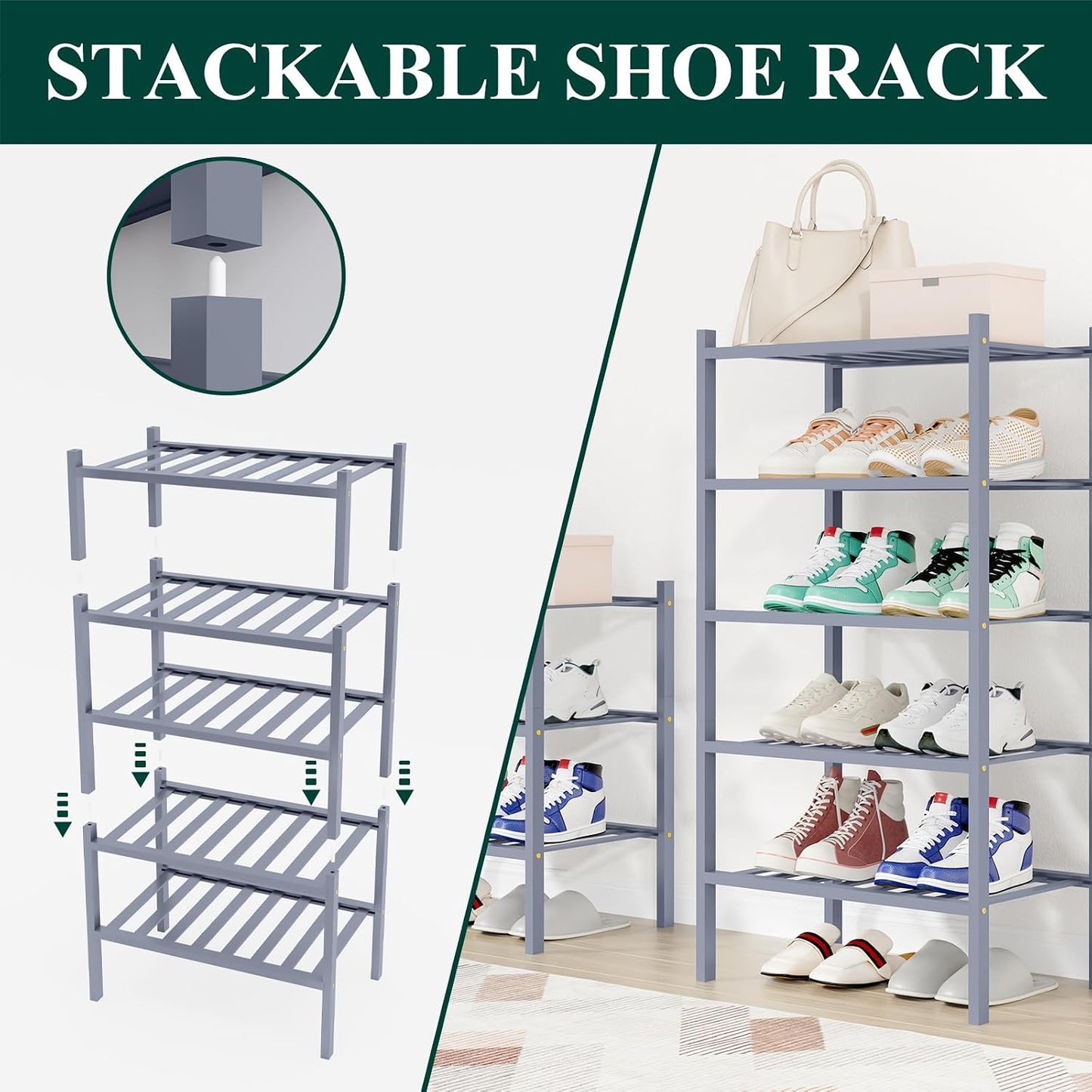 Smiry Bamboo Shoe Rack, 3 Tier Free Standing Wooden Shoe Organizer, Stackable Wood Shoe Storage Shelf for Closet, Entryway, 12 Vertical Slats, 2+1 Stack Standard Legs, 26.8"x11"x19.5", Natural