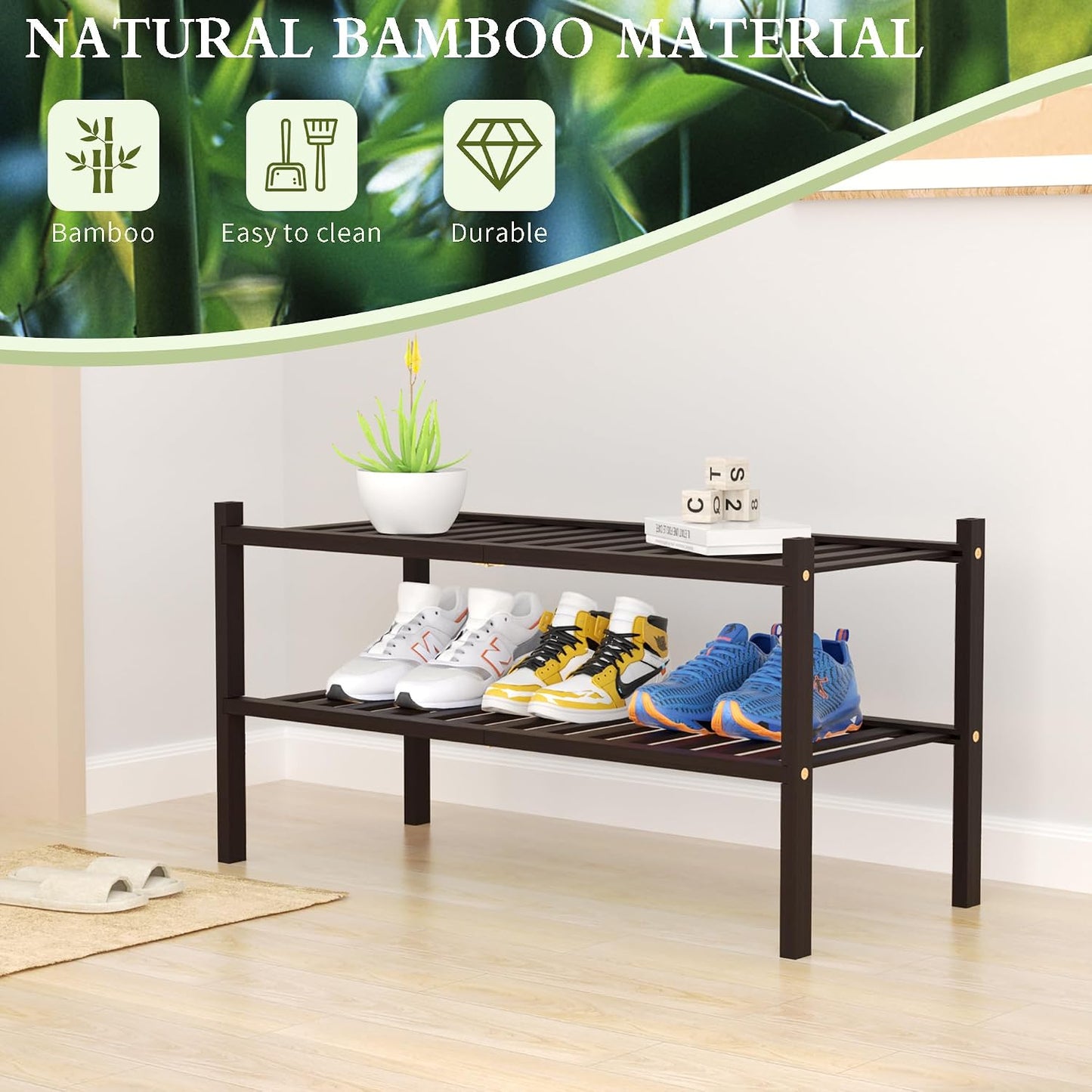 ROMGUAR CRAFT 3 Tier Bamboo Shoe Rack for Closet Free Standing Wood Shoe Shelf Storage Organizer for Entryway Small Space Stackable 27"x11"x20" (Natural)