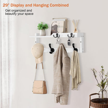 dreampossible Coat Rack Wall Mount with Shelf, Coat Hanger Wall Mount with Key Hooks and Mail Holder, Wood Entryway Floating Shelf with Hooks and Storage, Hat Rack for Wall Key Holder Mail Organizer