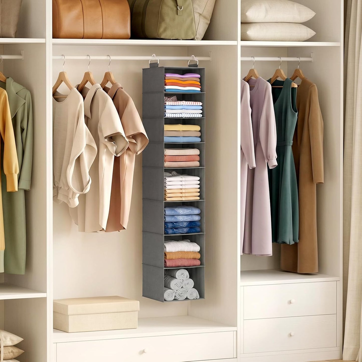 Lifewit 5 Tier Hanging Closet Organizer and Storage for Shelves, Foldable Clothes Shelf with 2 Sturdy Hooks, Sweater/Coat/Shoes Clothing Organization for Wardrobe, Dorm, Bedroom, Gray
