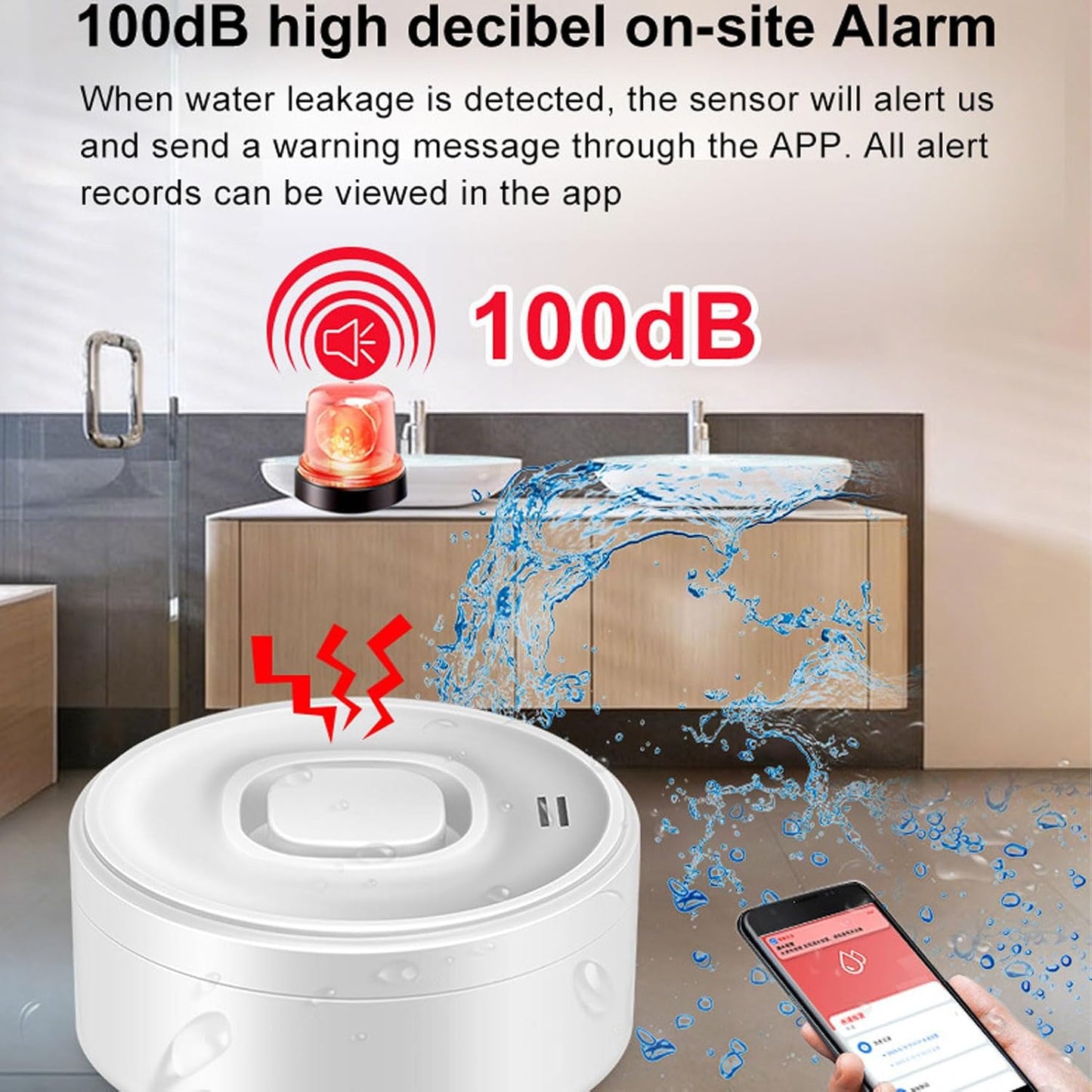 Fdit Water Leak Detector for Smart Home, Zigbee Water Sensor Alarm with App Alert, Bendable Probe Leak Alarm for Basement Bathroom Under Sink (White)