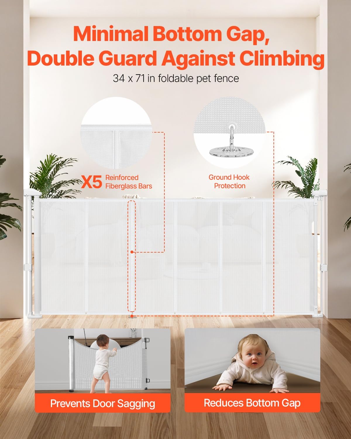 VEVOR Retractable Baby Gate, 34 inch Tall, Extends up to 71 inch Wide, Retractable Gate for Kids or Pets, Mesh Material, Easy to Install for Indoor Stairs, Doorways, Hallways, Playrooms, Gray