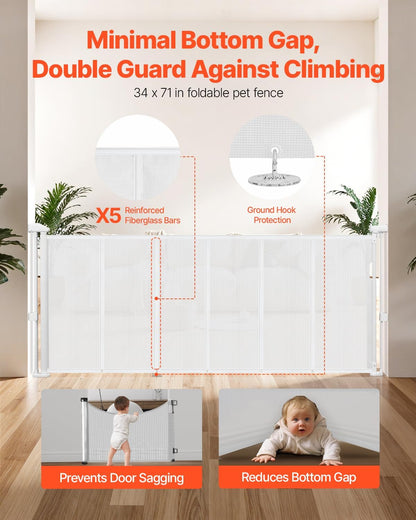 VEVOR Retractable Baby Gate, 34 inch Tall, Extends up to 71 inch Wide, Retractable Gate for Kids or Pets, Mesh Material, Easy to Install for Indoor Stairs, Doorways, Hallways, Playrooms, Gray