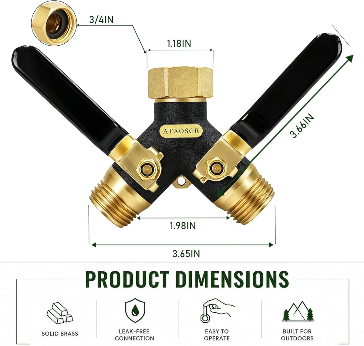 Garden Hose Splitter 2 Way Heavy Duty, Metal Body Water Hose Splitter | with Shut-Off Valve,360° Brass Swivel,3/4'' GHT Connector Full Flow Hose Bib Splitter, For Outdoor Spigot Faucet