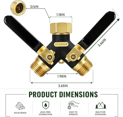 Garden Hose Splitter 2 Way Heavy Duty, Metal Body Water Hose Splitter | with Shut-Off Valve,360° Brass Swivel,3/4'' GHT Connector Full Flow Hose Bib Splitter, For Outdoor Spigot Faucet