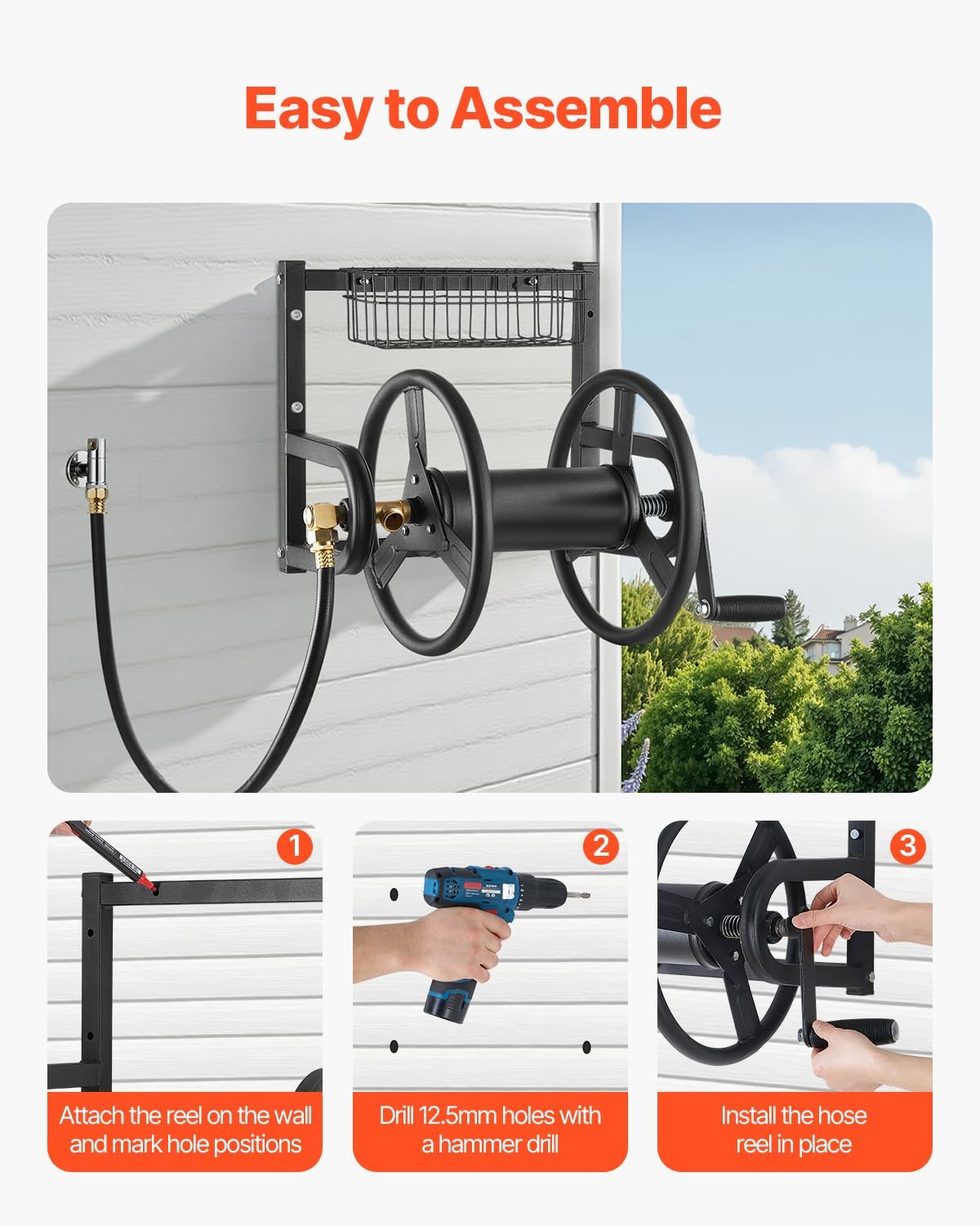 VEVOR Wall Mounted Garden Hose Reel, Holds 125 ft 5/8-inch Hose, Heavy-Duty Water Hose Winder, Space-Saving Design, Outdoor Manual Reel with Brass Fitting and Storage Basket for Yard Lawn