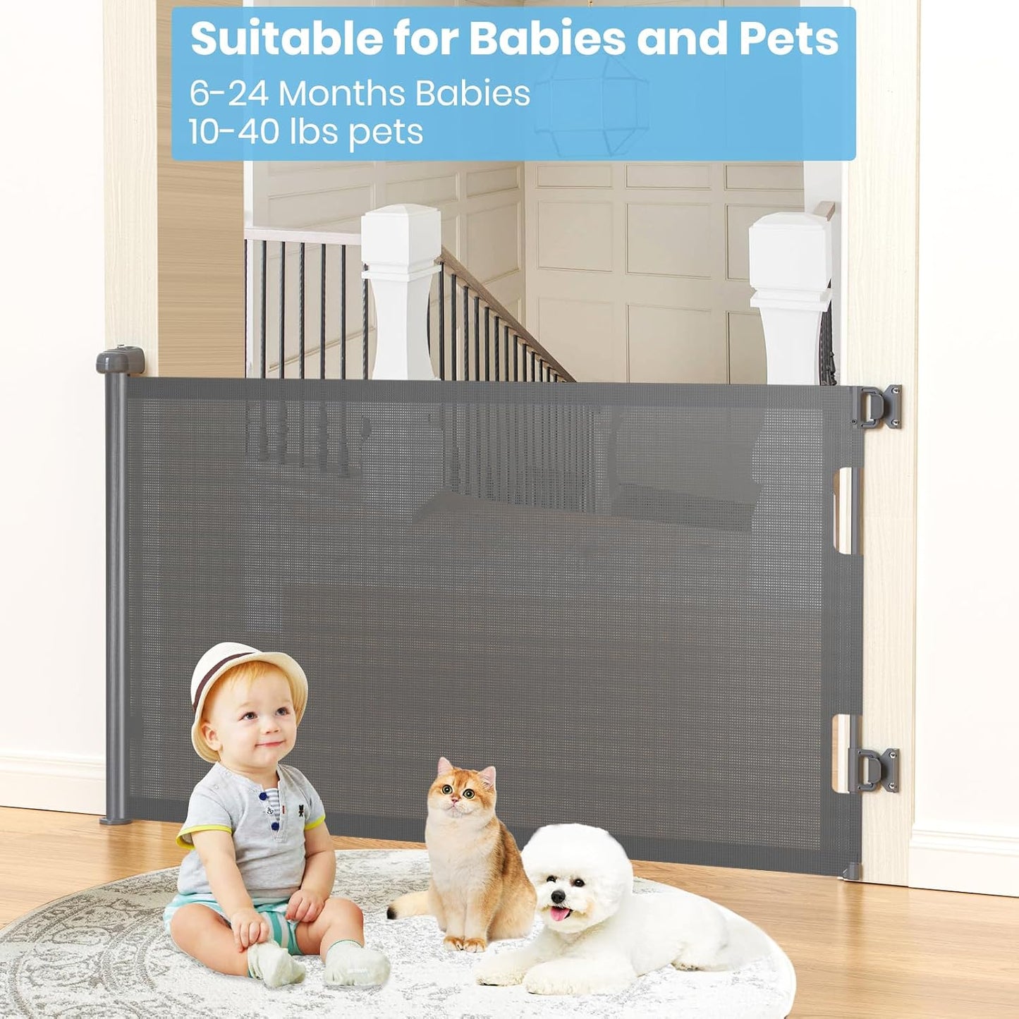 HAMOPY Retractable Baby Gate, 33" Tall, Extends up to 55" Wide, Durable Auto-Lock Baby Gates for Stairs, Mesh Dog Gate and Child Safety Gates for Doorways, Hallways, Indoor, Outdoor(Black)