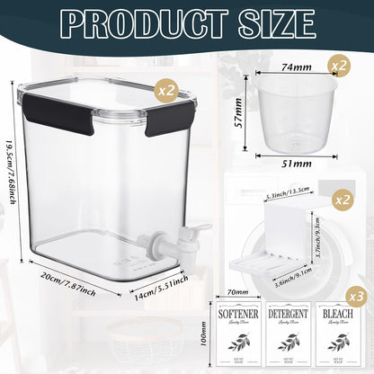 Soaoo 2 Pcs Laundry Detergent Dispenser 67.6 oz Liquid Soap Dispenser with Faucet for Laundry Room 2 Liquid Detergent Holder with Labels and Measuring Cup Fabric Softener Container