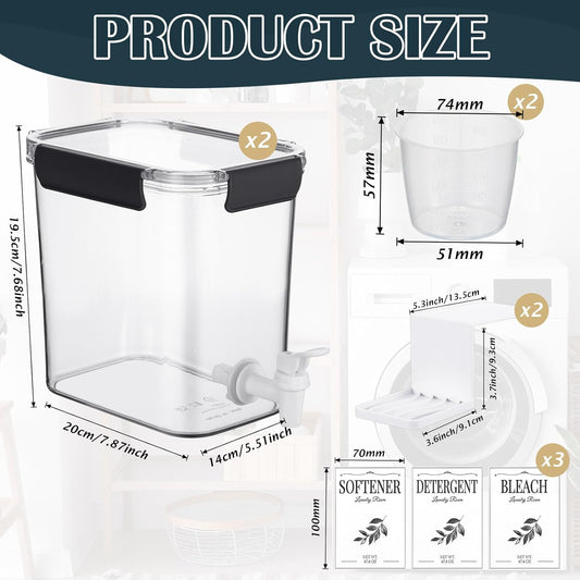 Soaoo 2 Pcs Laundry Detergent Dispenser 67.6 oz Liquid Soap Dispenser with Faucet for Laundry Room 2 Liquid Detergent Holder with Labels and Measuring Cup Fabric Softener Container