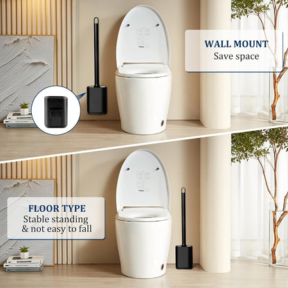 Silicone Toilet Brush and Holder Set, Toilet Brushes with Ventilated Holder, Wall Mounted Toilet Bowl Brush with Long Handle Bendable Brush Head, Black Toilet Brush Cleaner for Bathroom RV