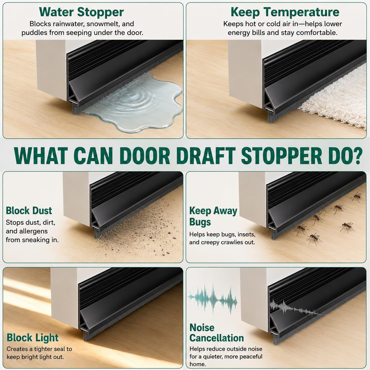 Door Draft Stopper with Brush, 39" Door Sweep for Bottom of Door, Self Adhesive Weather Stripping for Bottom of Door, Under Door Seal Dust/Noise/Hot or Cold Air Insulation, Black, 1 Pack