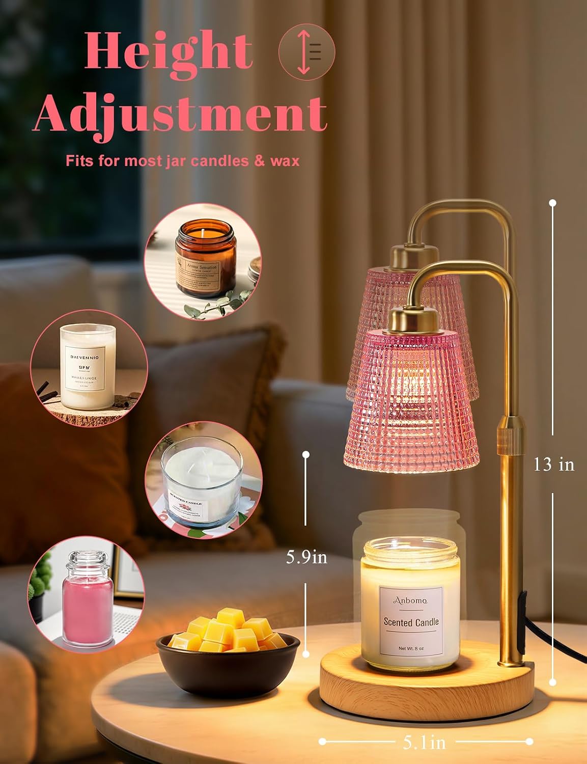 Candle Warmer Lamp with Timer Dimmable, Wax Warmer for Scented Jar Candles, Adjustable Height Candle Lamp for Home Decor, Birthday Gifts for Women Mom House Warming Gifts, Matte Black