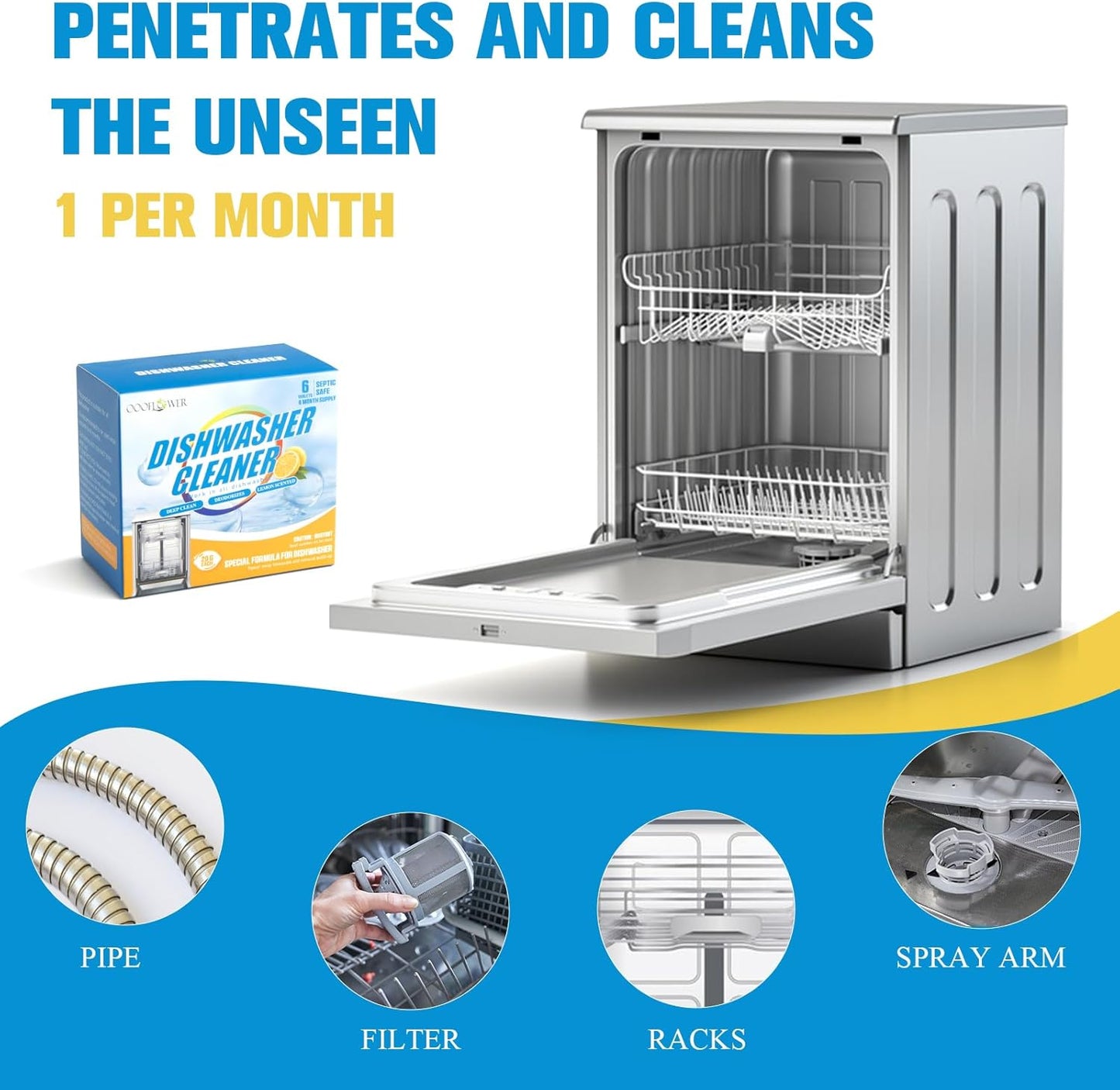 6-Pack Dishwasher Detergent and Deodorizer Tablets, Deep Clean Formula, Dishwasher Safe, Removes Scale, Odors, and Hard Water Residue (Lemon Scent)