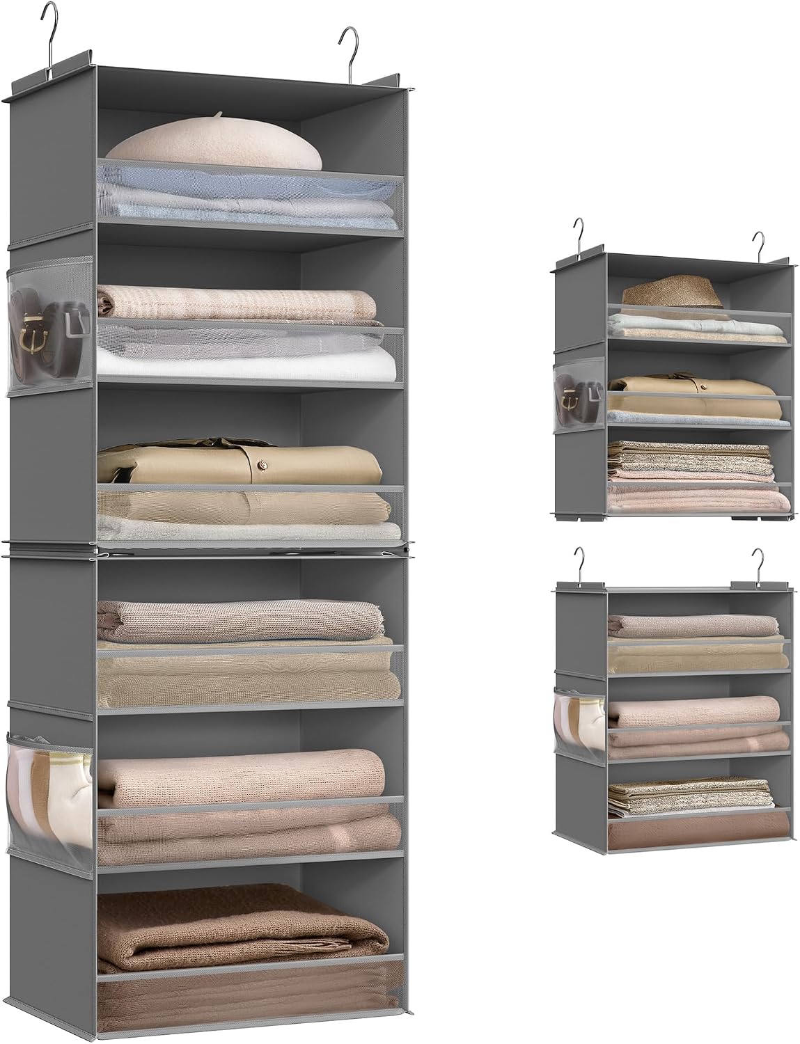 SONGMICS Hanging Closet Organizer, 6-Tier Fabric Storage Shelf, Separable Closet Hanging Shelf with Side Pockets, Foldable, Metal Hooks and Bamboo Inserts, Dove Gray URCH007G01