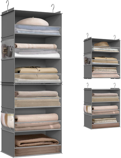 SONGMICS Hanging Closet Organizer, 6-Tier Fabric Storage Shelf, Separable Closet Hanging Shelf with Side Pockets, Foldable, Metal Hooks and Bamboo Inserts, Dove Gray URCH007G01