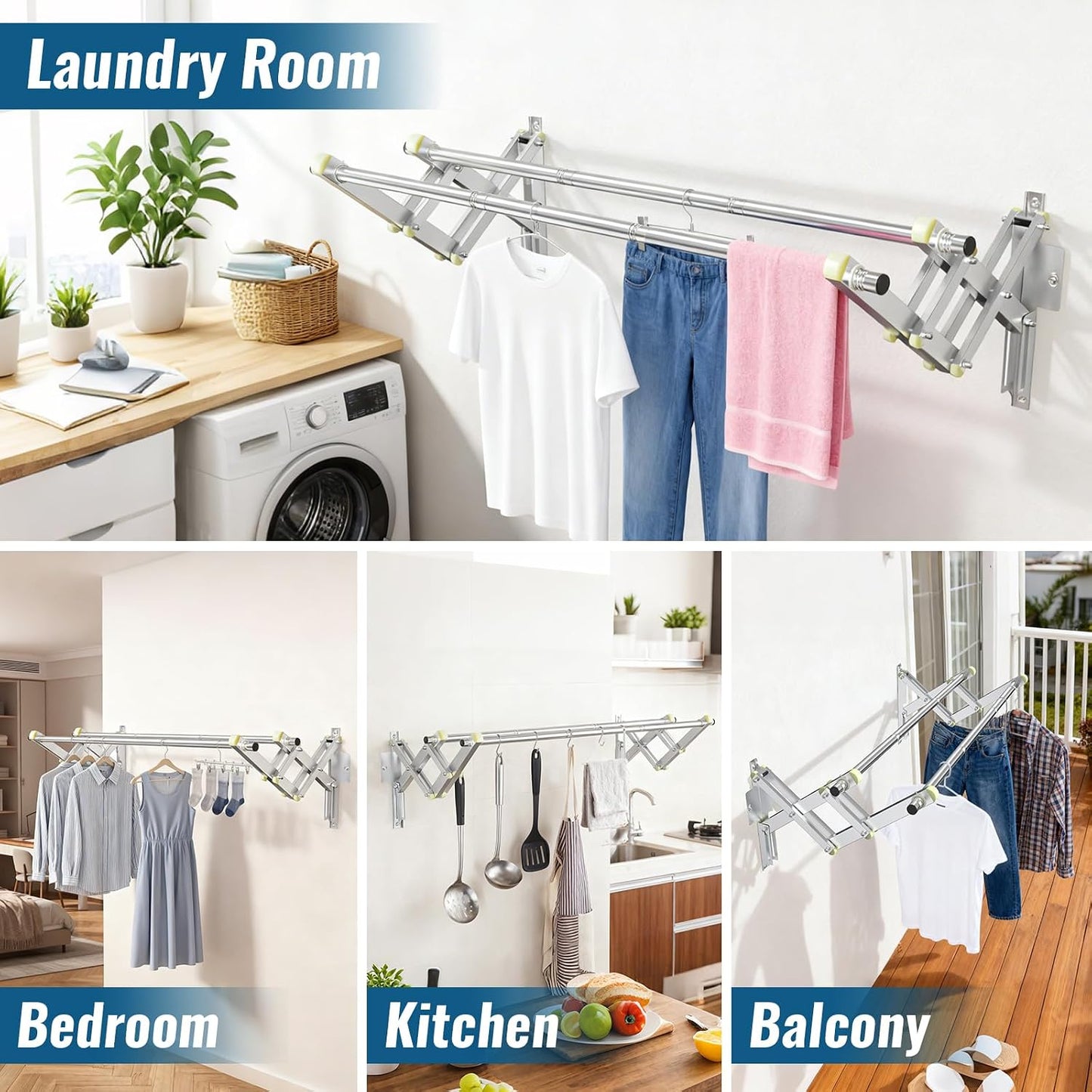 Foldable Wall Mounted Clothes Rack-30'' Long Rod&2 Thick Bases,Stainless Steel,Multi-Purpose for Space-Saving Garment Rack/Clothes Drying Rack/Clothes Hanger,Detachable and Top Shelf Room Reserved