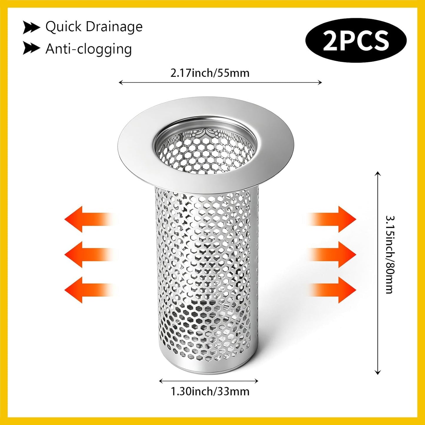 Bathroom Sink Drain Strainer, 304 Stainless Steel Hair Catcher for Bathtub Shower Floor Drain, Bathtub Drain Cover Strainer Basket Fit 1.1" to 1.97" Drain Hole (2PCS)