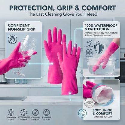 ForPro Natural Rubber Gloves, 6 Pairs Reusable Multi-Purpose Household Cleaning Gloves with Soft Inner Lining, Waterproof & Chemical-Resistant, Wild Cherry, Small