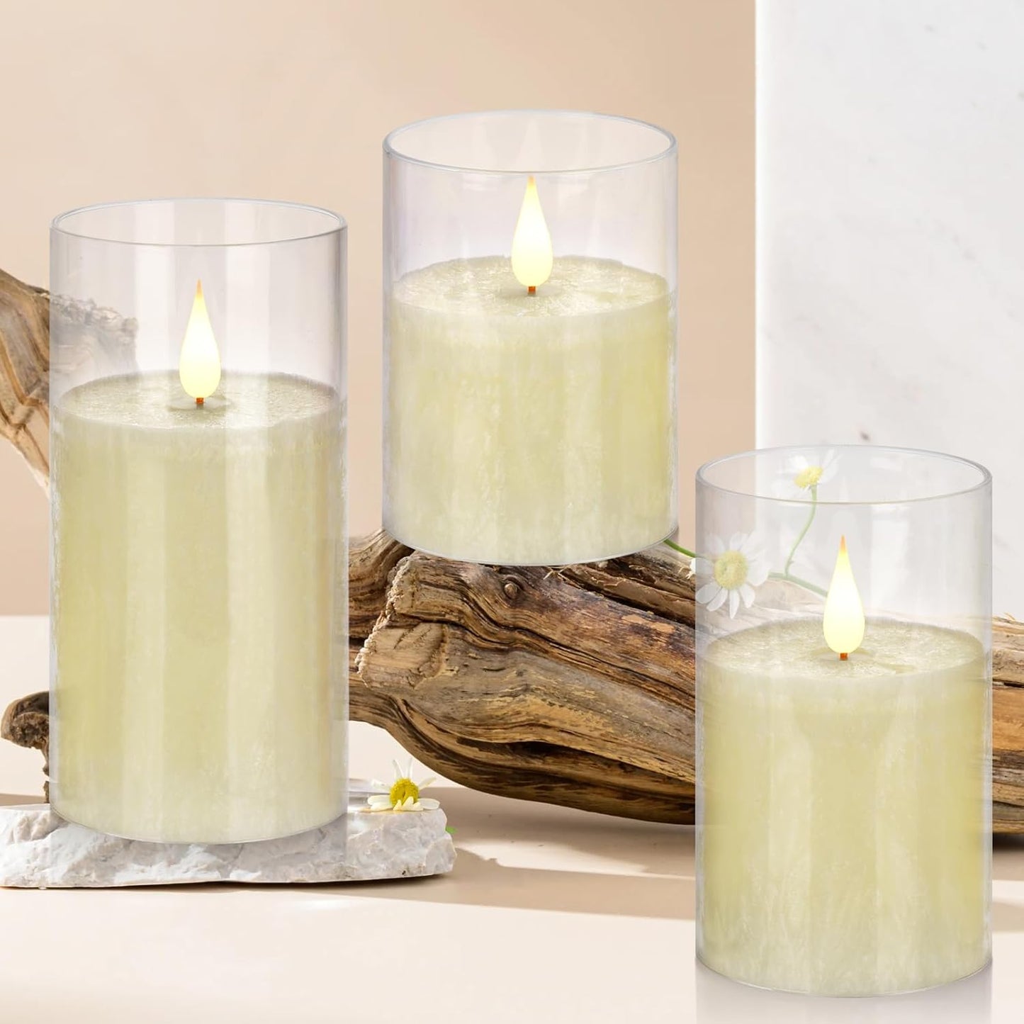 Flameless Flickering Battery Operated Candles D2.2''*H4 5" 6" 7" 8" 9" Set of 9 Ivory Real Wax Pillar LED Candles with 10-Key Remote and Cycling 24 Hours Timer (Ivory)