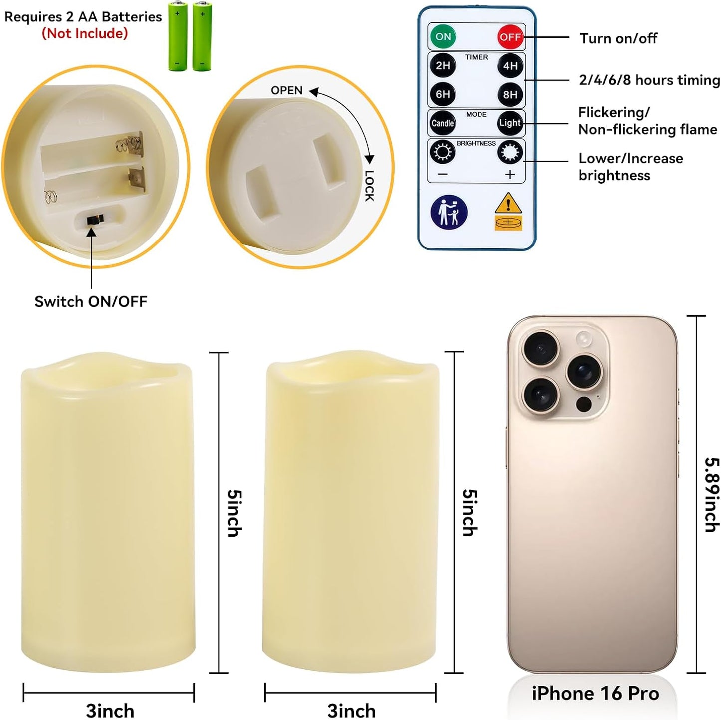 Raycare Outdoor Waterproof Flameless Candles, Battery Operated LED Electric Candles with Remote and Timers, Fake Pillar Candle for Patio, Porch, and Wedding Decor, Ivory, Set of 3(3"x4" 5" 6")