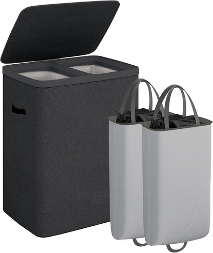 CASAMAYA Laundry Basket with Lid, Laundry Hamper 3 Section, 190L collapsible Laundry Organizer, Easy Assembly, with Handles and Removable Liners, 25.2 x 15.7 x 29.5 Inches, Beige JSP904M