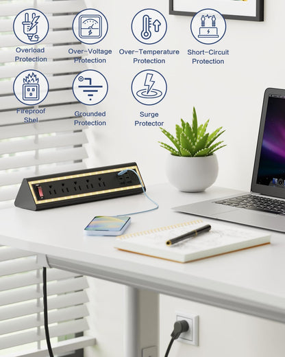 Desk Clamp Power Strip with Nightlight, 40W Fast Charging, 10FT Extension Cord, 4x20W USB-C & 2 USB Ports, 5 AC Outlets, Fits 1.69-Inch Table Edges