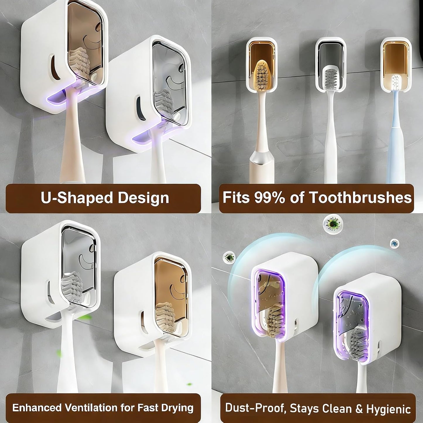 3 Pack Wall Mounted Toothbrush Holder with Lid - Adhesive No-Drill, Clear Acrylic Dust-Proof Cover, Electric Toothbrush Holder Set, Bathroom Organizer for Family Travel
