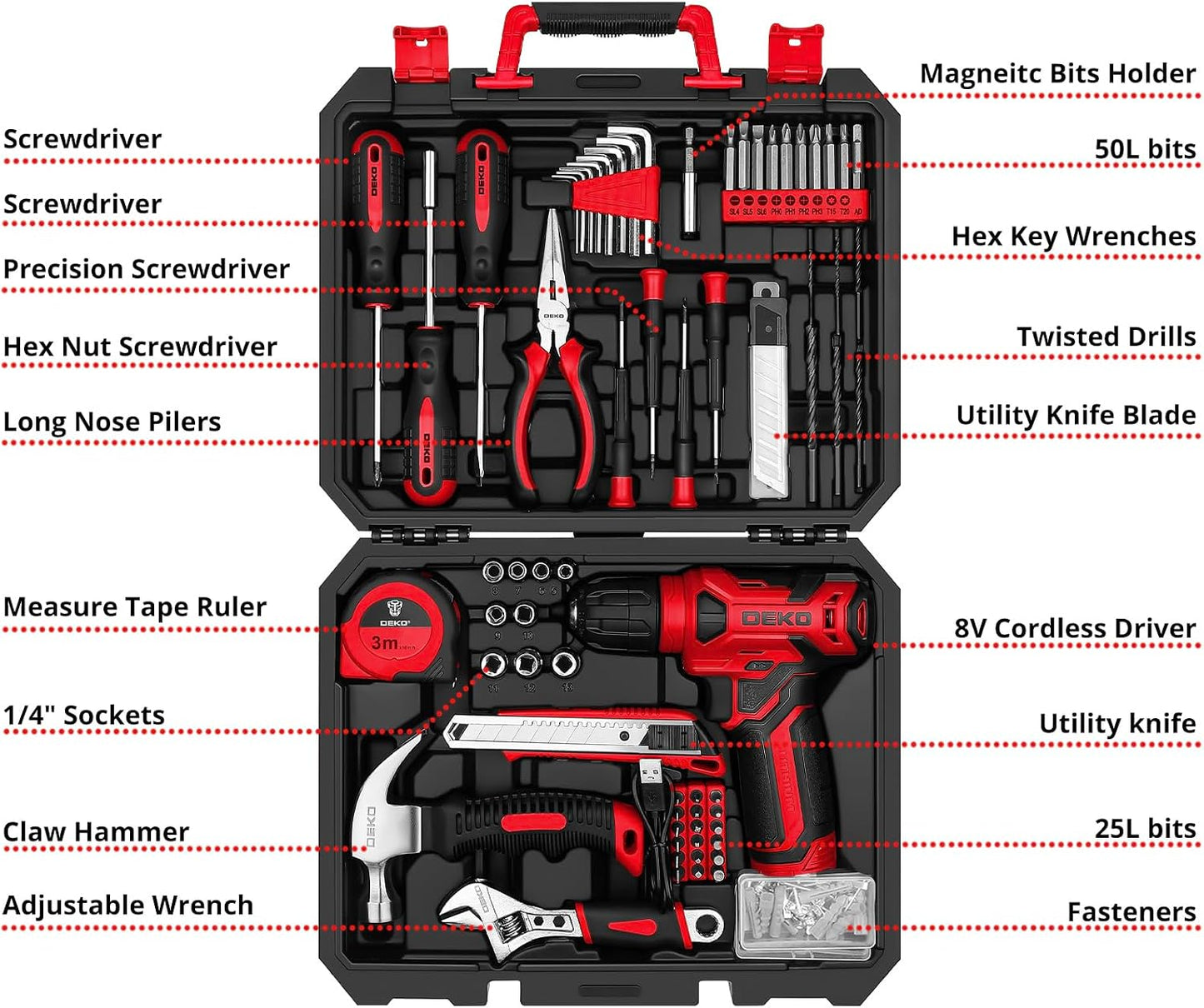 DEKOPRO Tool Set：Tool Kit with 8V Cordless Drill,Tool Box with Drill,Hand Drill Set for Men & Women,Home Tool Kits for House Repair,Handyman,DIY 126 Piece