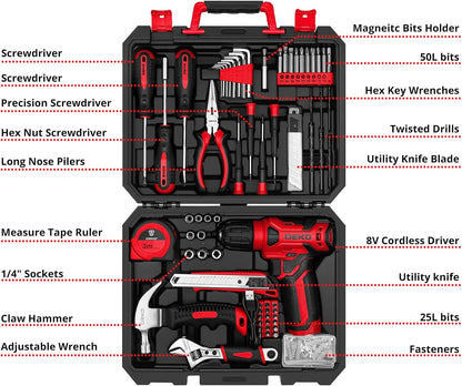 DEKOPRO Tool Set：Tool Kit with 8V Cordless Drill,Tool Box with Drill,Hand Drill Set for Men & Women,Home Tool Kits for House Repair,Handyman,DIY 126 Piece