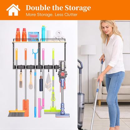 HOOMESUN Broom Holder Wall Mount with Shelf & Guard Rail, Upgraded No-Fall Storage, 120 lbs Heavy Duty Cleaning Organizer, 5 Clamps 4 Hooks, Thick Metal & Wood Rack for Laundry Room Garage
