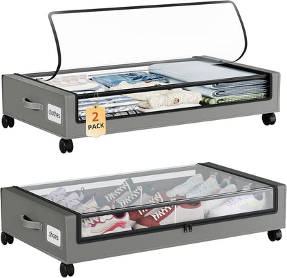 Somdot Under Bed Storage with Wheels, 2 Pack Bed Storage Containers with Dividers & Clear Lids, Easy Pull-out Metal Drawer for Clothes, Shoes,Toys, Blankets (Black)