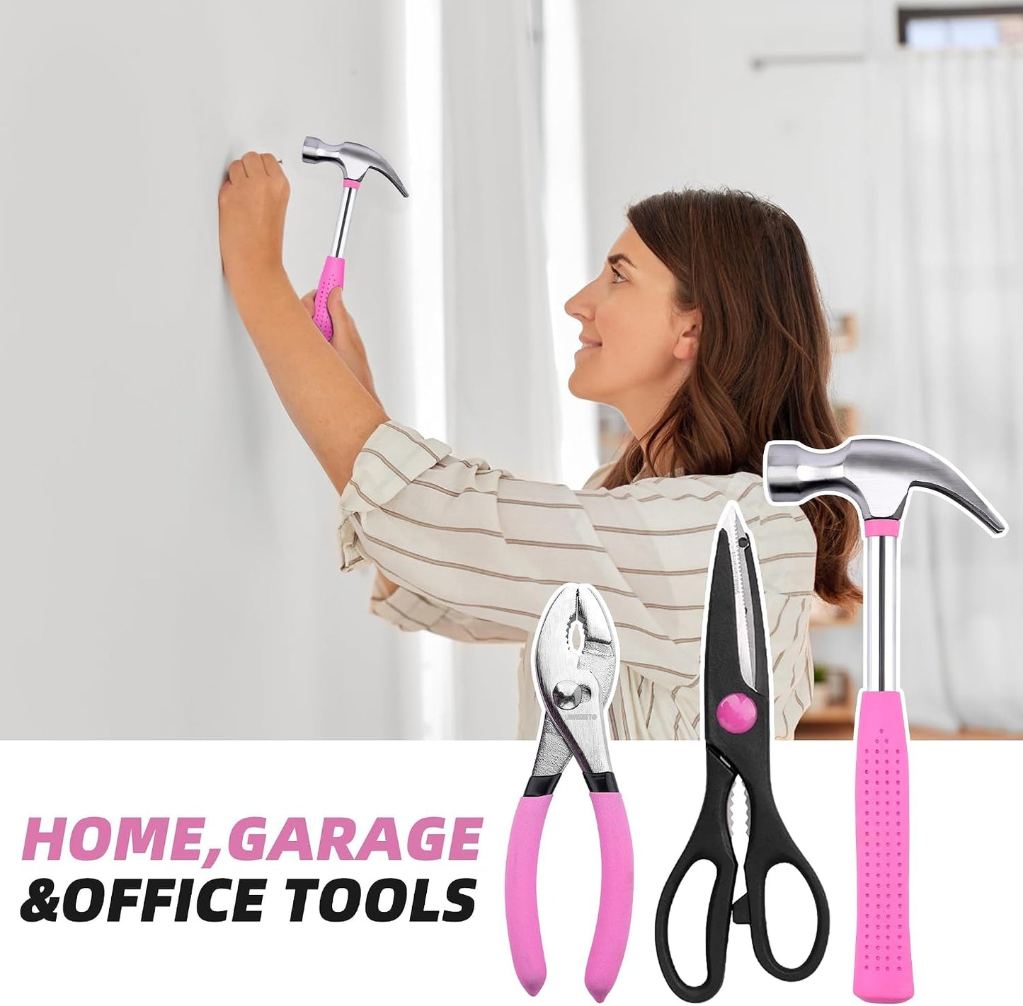 URASISTO 40-Piece Home Tool Kit with Easy Carrying Box, Small Basic Hand Tool Set Perfect for DIY Building, Home Maintenance and Woodworking, Great for College Students - PINK