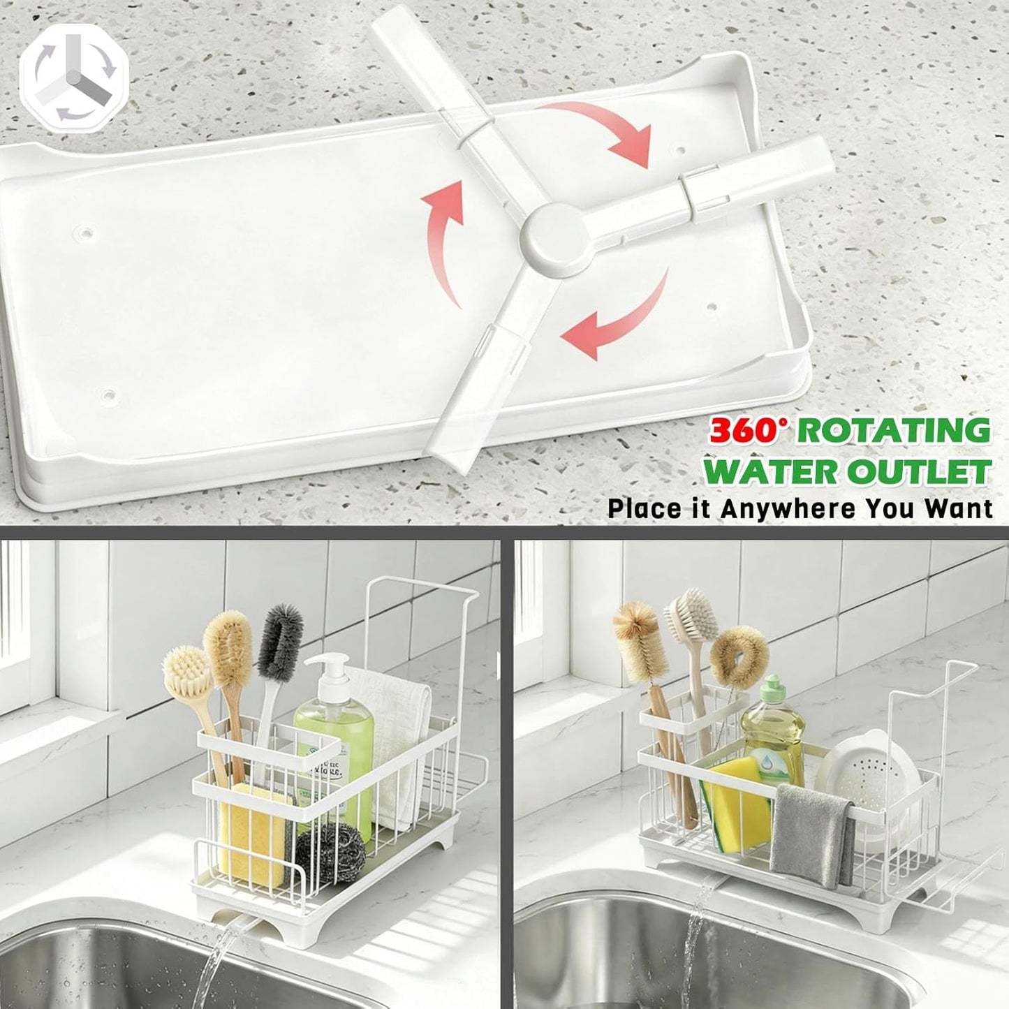 Sponge Holder for Kitchen Sink, Sink Caddy Organizer with Detachable Cloth & Brush Holder, Self-Draining Sponge Caddy Organizer with 360° Rotatable Spout, Kitchen Countertop Storage Accessories(Black)