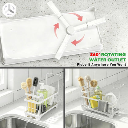 Sponge Holder for Kitchen Sink, Sink Caddy Organizer with Detachable Cloth & Brush Holder, Self-Draining Sponge Caddy Organizer with 360° Rotatable Spout, Kitchen Countertop Storage Accessories(Black)