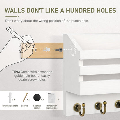 FifthQuarter Key Holder Wall Mount: Key and Mail Holder for Wall with 6 Hooks and Storage Drawer, Easy Installation Key Rack for Entryway Home Decor (A-White)