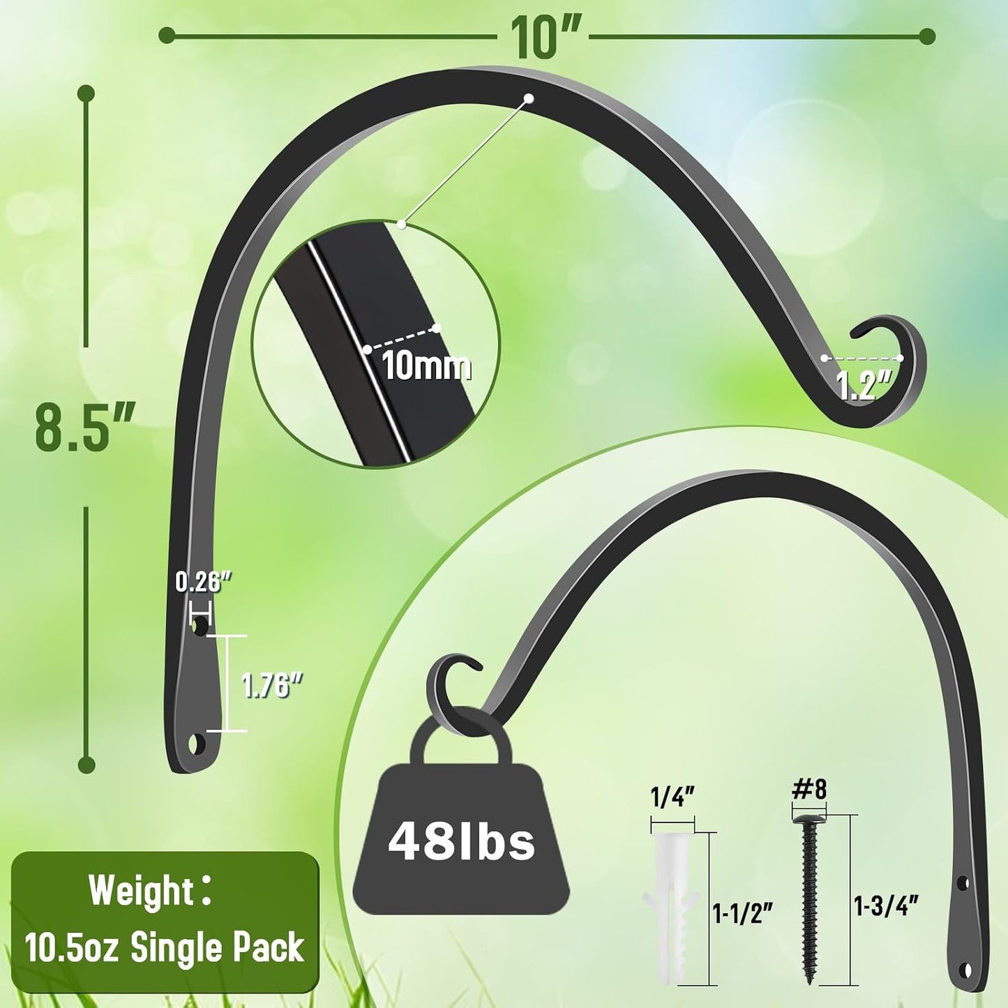 FEED GARDEN Heavy Duty Plant Hangers Outdoor Indoor, 8 Inch 2 Pack Metal Hanging Bracket Holds Up to 44 lbs, Wall Brackets for Hanging Baskets, Bird Feeders,Wind Chime& Lanterns, Black